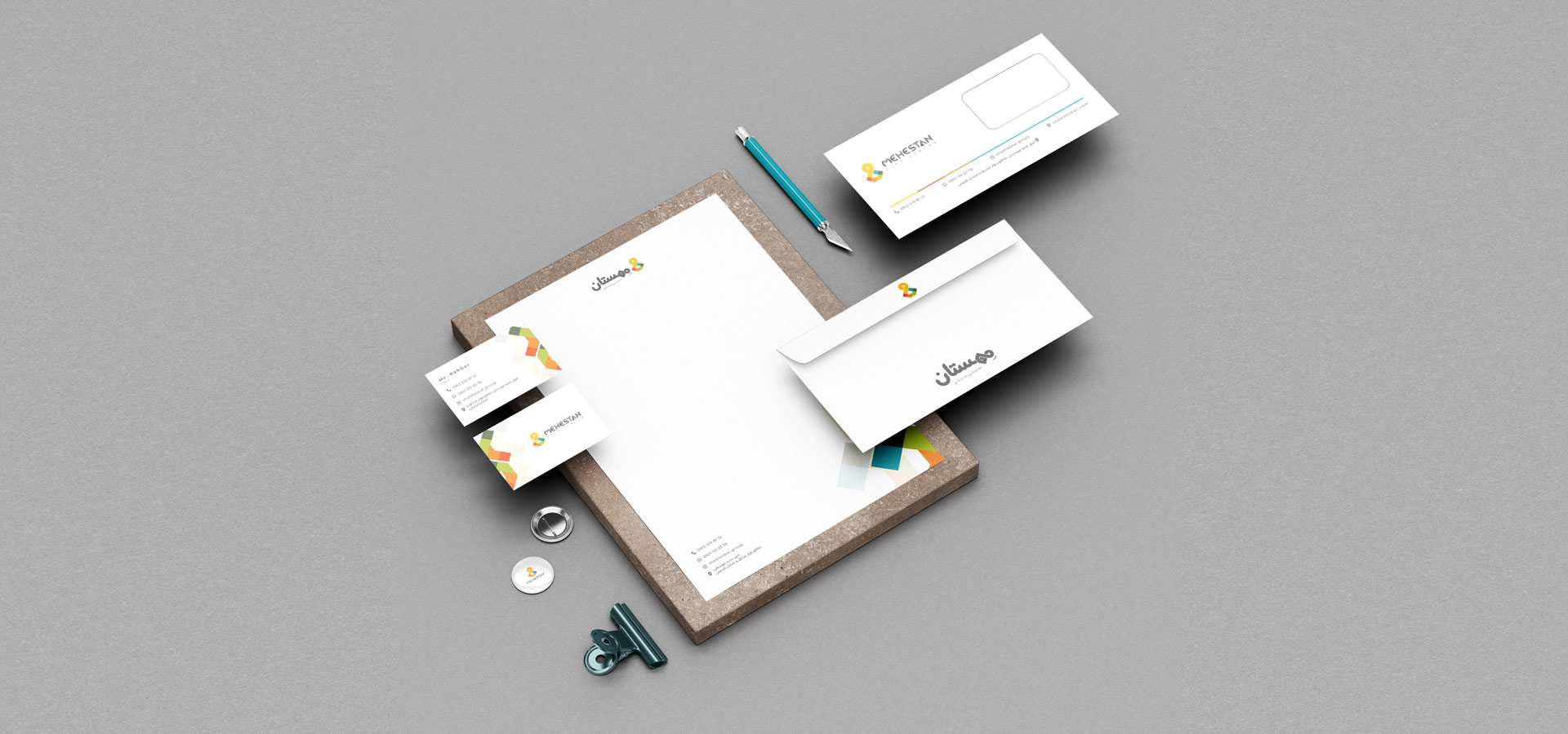 Stationary design of mall branding projects for Mehestan Brand by Zhahoo Creatice Agency.