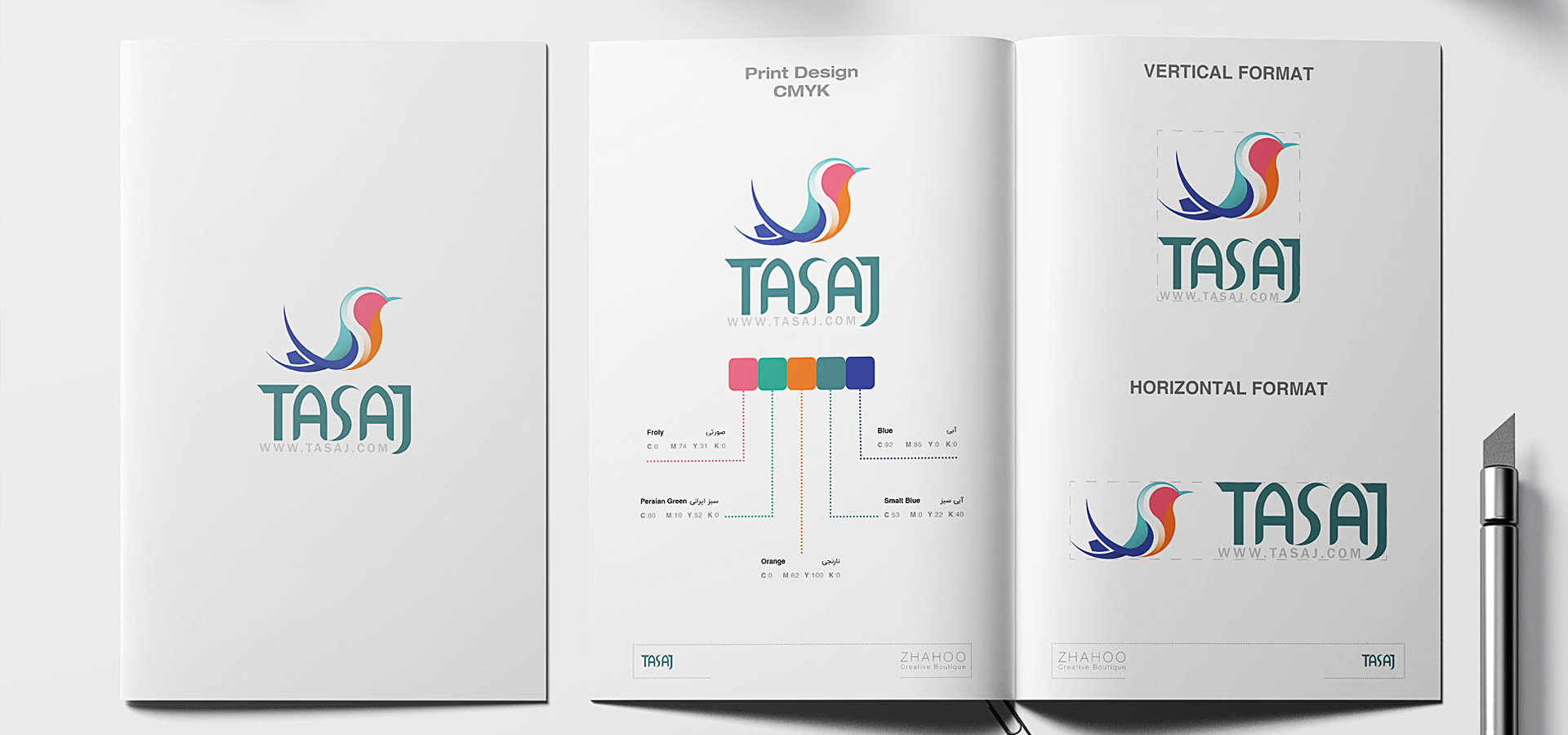 Corporate scheme colors of Tasaj, embedded on brand book design, designed by Zhahoo Creative Agency.