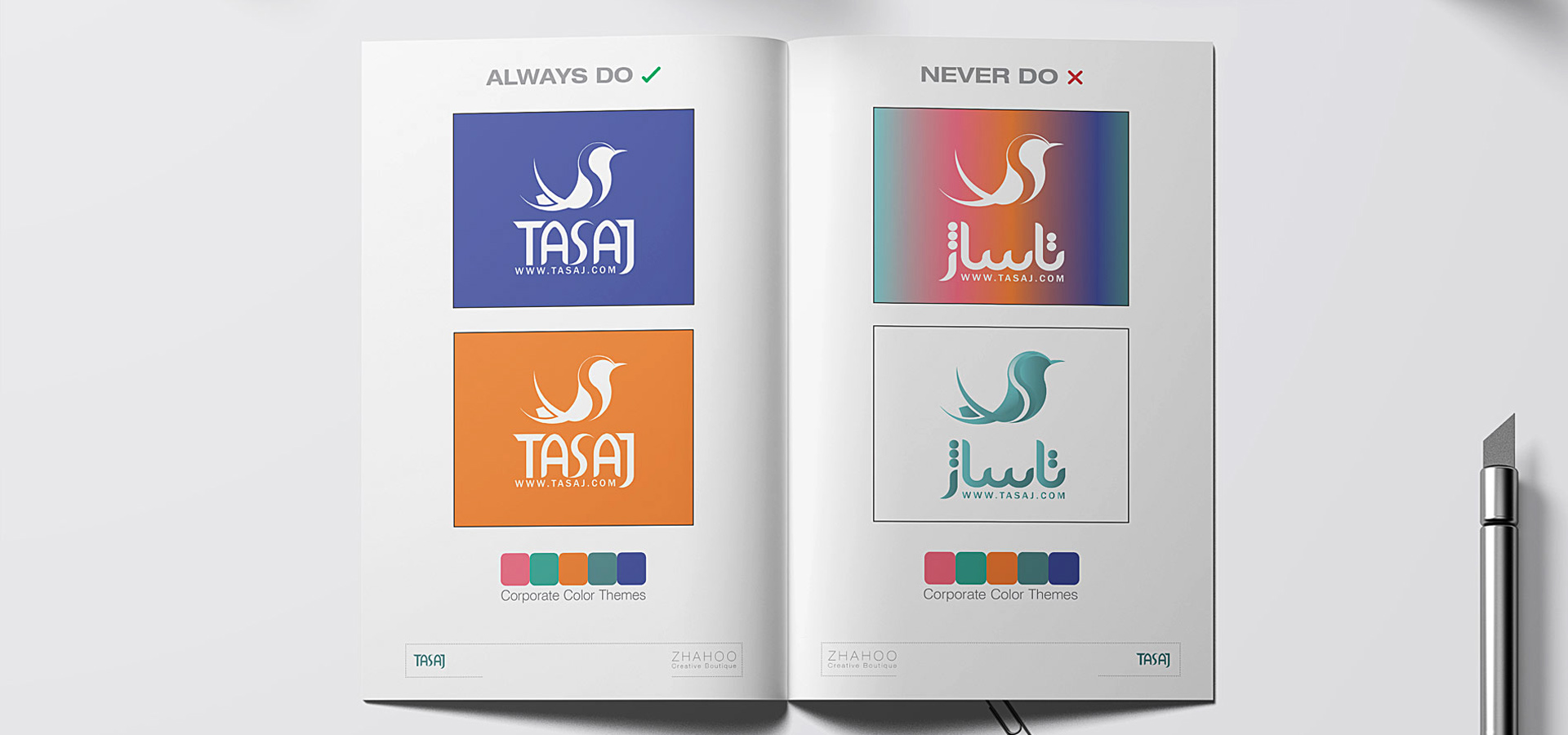 Dos' and don'ts of using the logo embedded on brand book, designed by Zhahoo Creative Agency.